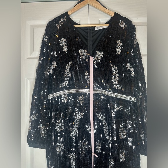 NWT $1598 Mac Duggal Embellished Wrap‎ Over Bishop Sleeve Gown Black Style 93616 - Picture 5 of 11